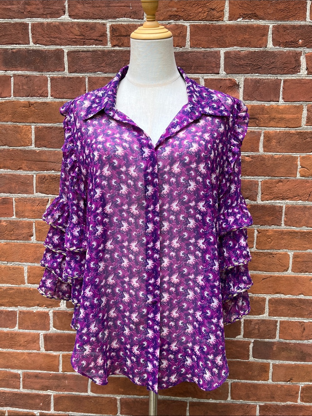 Misa Los Angeles Purple Floral Ruffle-Sleeve Blouse